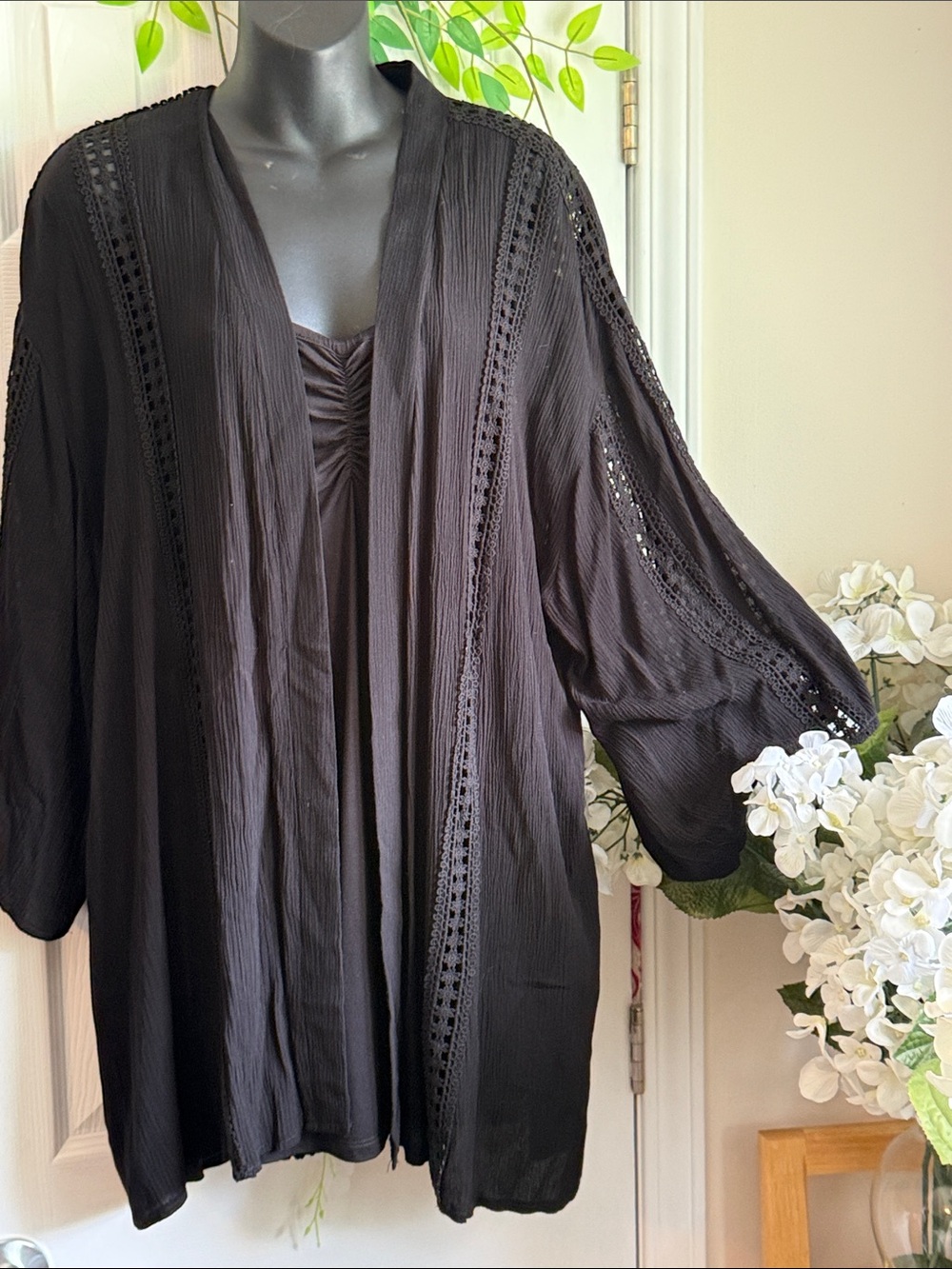 Deep Black Open-Front Gauze Lace Kimono Blazer Cardigan - Picture 3 of 7